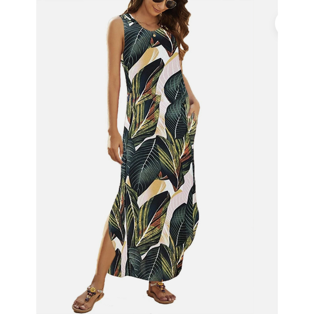 HOUNT Tropical Palm Leaf Maxi Dress Sleeveless Pockets Beach Vacation Resort Med